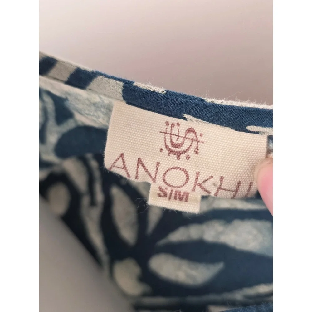 Anokhi Indigo Blue Cotton Block Print Pintuck Tunic Dress S/M Made in India
